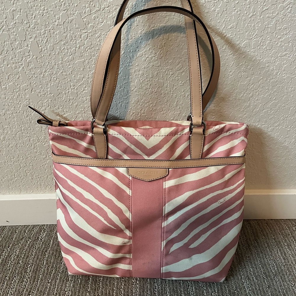 Coach Pink and Cream Zebra Print Tote Bag